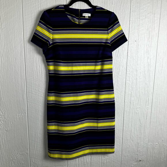 Calvin Klein Women's Stripes Shift Dress Blue Yellow Black Size 8 Above Knee - Picture 10 of 11